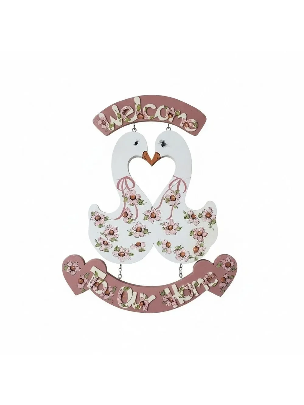 Floral Swan Wooden Wall Sign Pink Hues Hand Painted